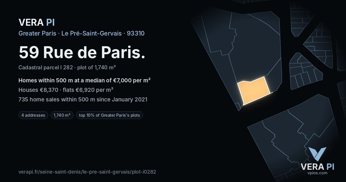 59 Rue de Paris, Le Pré-Saint-Gervais at night – the plot lit, the parcels around coloured by the prices near them
