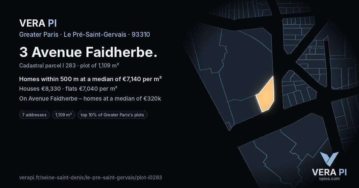 3 Avenue Faidherbe, Le Pré-Saint-Gervais at night – the plot lit, the parcels around coloured by the prices near them