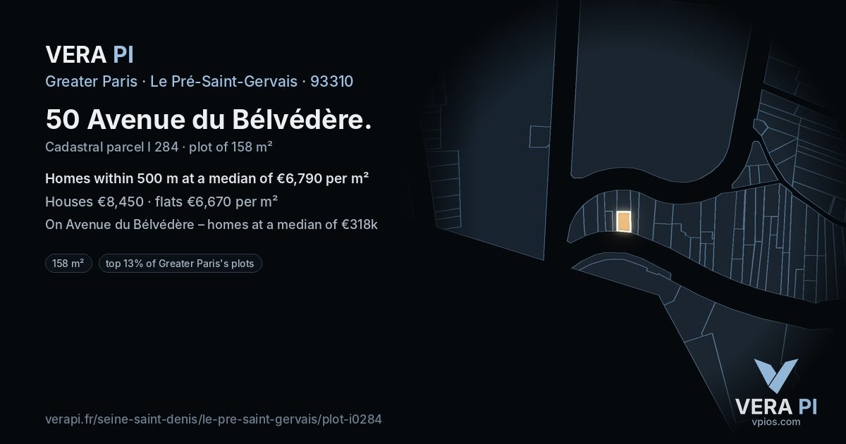 50 Avenue du Bélvédère, Le Pré-Saint-Gervais at night – the plot lit, the parcels around coloured by the prices near them