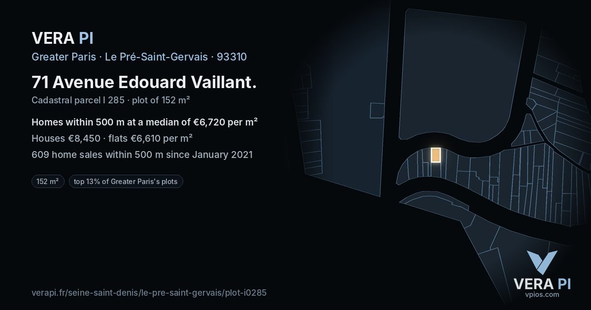 71 Avenue Edouard Vaillant, Le Pré-Saint-Gervais at night – the plot lit, the parcels around coloured by the prices near them