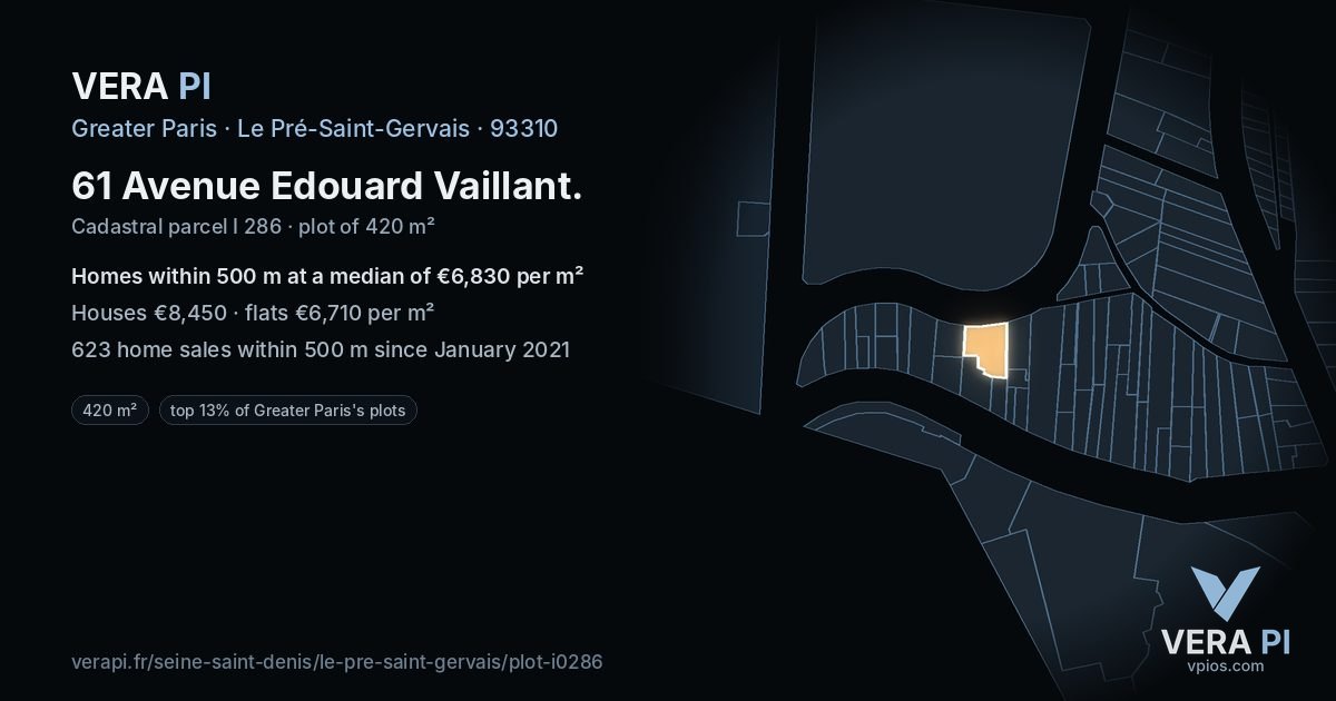 61 Avenue Edouard Vaillant, Le Pré-Saint-Gervais at night – the plot lit, the parcels around coloured by the prices near them