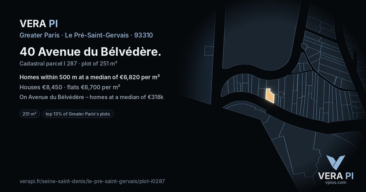 40 Avenue du Bélvédère, Le Pré-Saint-Gervais at night – the plot lit, the parcels around coloured by the prices near them