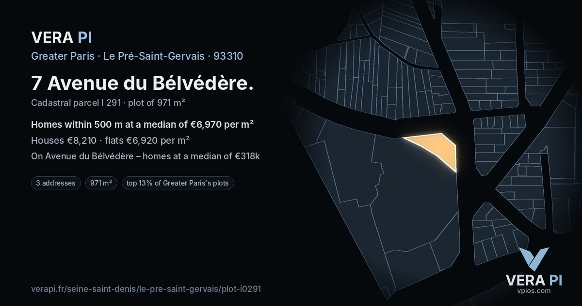 7 Avenue du Bélvédère, Le Pré-Saint-Gervais at night – the plot lit, the parcels around coloured by the prices near them