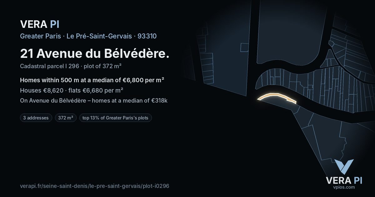 21 Avenue du Bélvédère, Le Pré-Saint-Gervais at night – the plot lit, the parcels around coloured by the prices near them