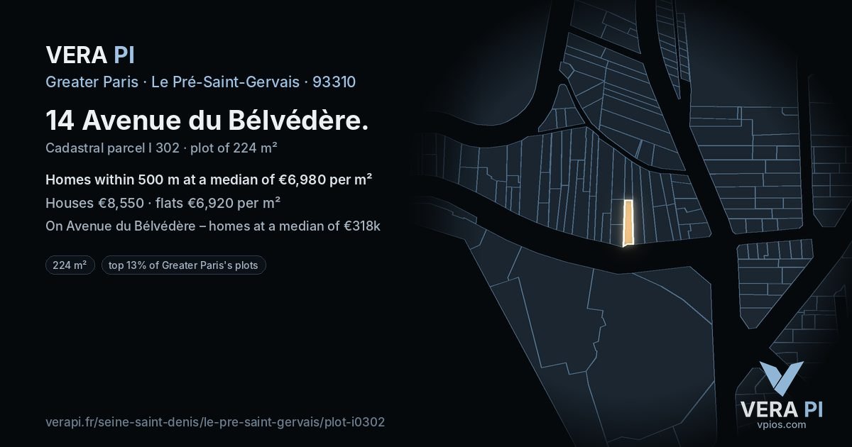 14 Avenue du Bélvédère, Le Pré-Saint-Gervais at night – the plot lit, the parcels around coloured by the prices near them
