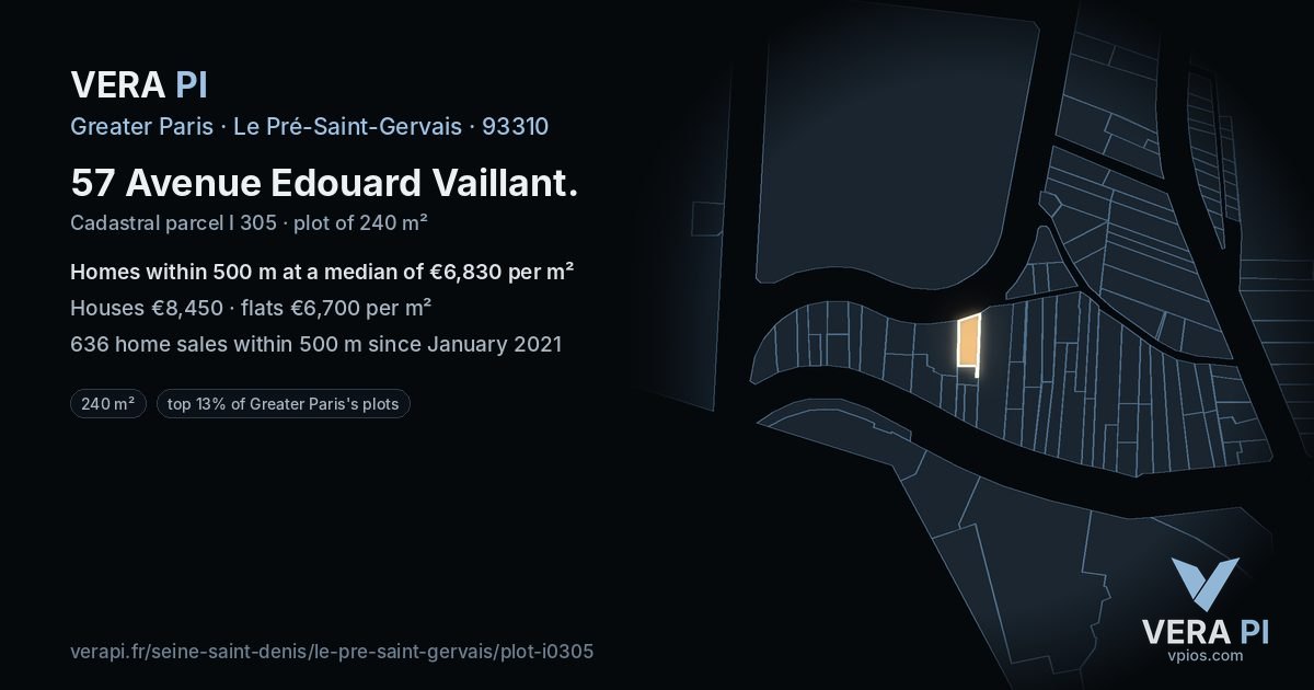 57 Avenue Edouard Vaillant, Le Pré-Saint-Gervais at night – the plot lit, the parcels around coloured by the prices near them