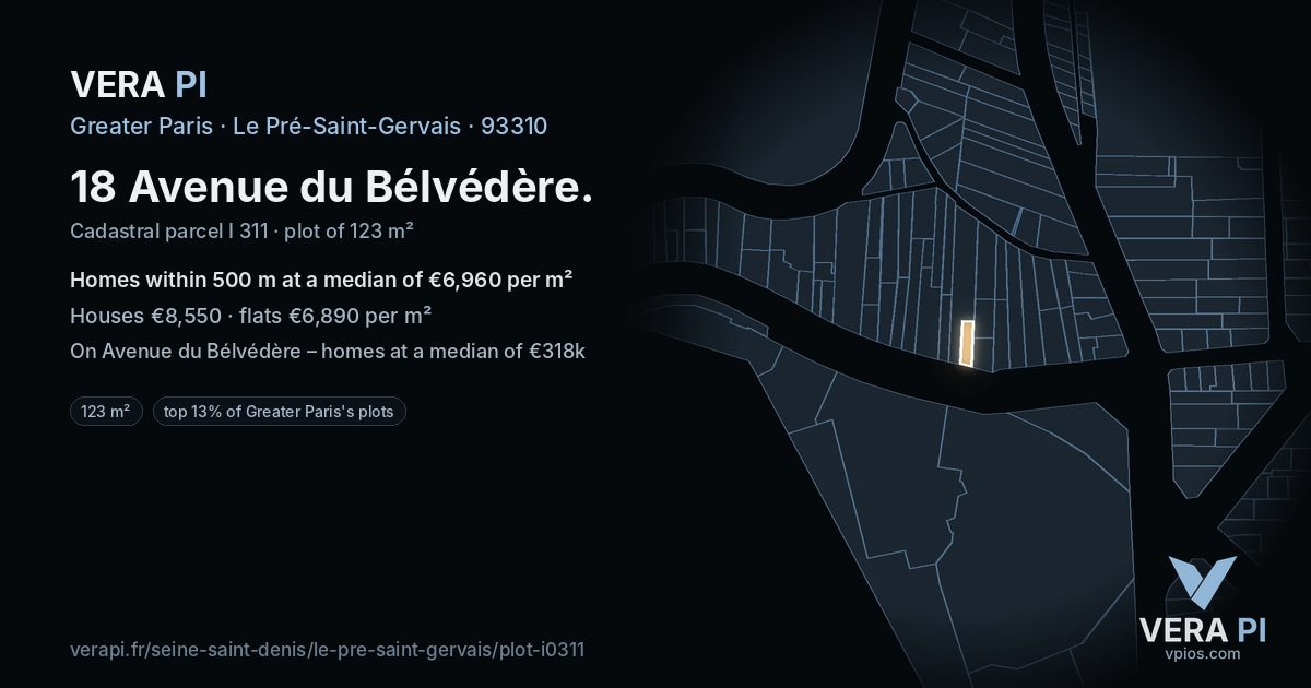 18 Avenue du Bélvédère, Le Pré-Saint-Gervais at night – the plot lit, the parcels around coloured by the prices near them