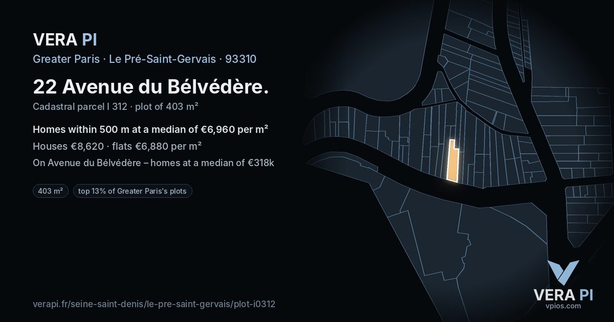22 Avenue du Bélvédère, Le Pré-Saint-Gervais at night – the plot lit, the parcels around coloured by the prices near them