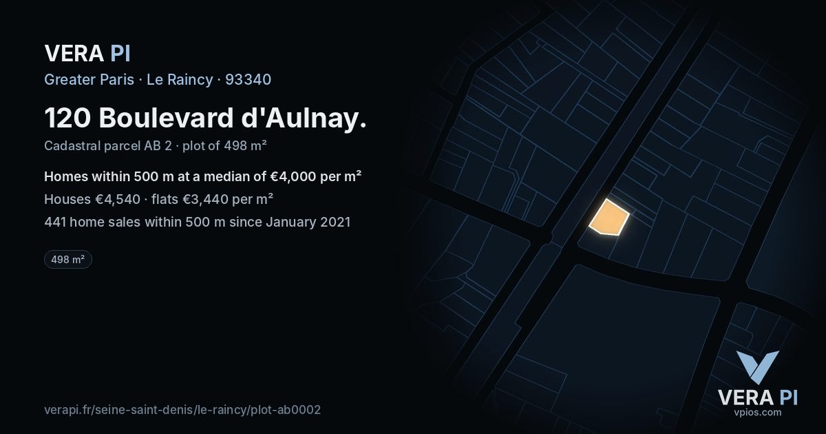 120 Boulevard d'Aulnay, Le Raincy at night – the plot lit, the parcels around coloured by the prices near them
