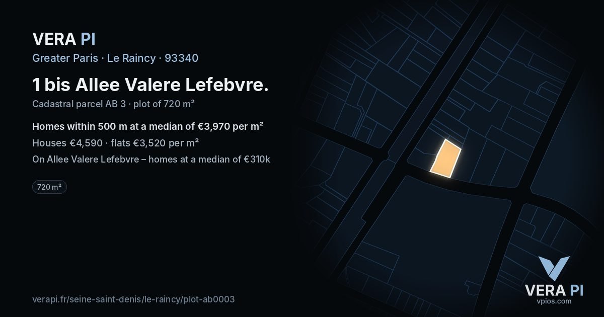 1 bis Allee Valere Lefebvre, Le Raincy at night – the plot lit, the parcels around coloured by the prices near them