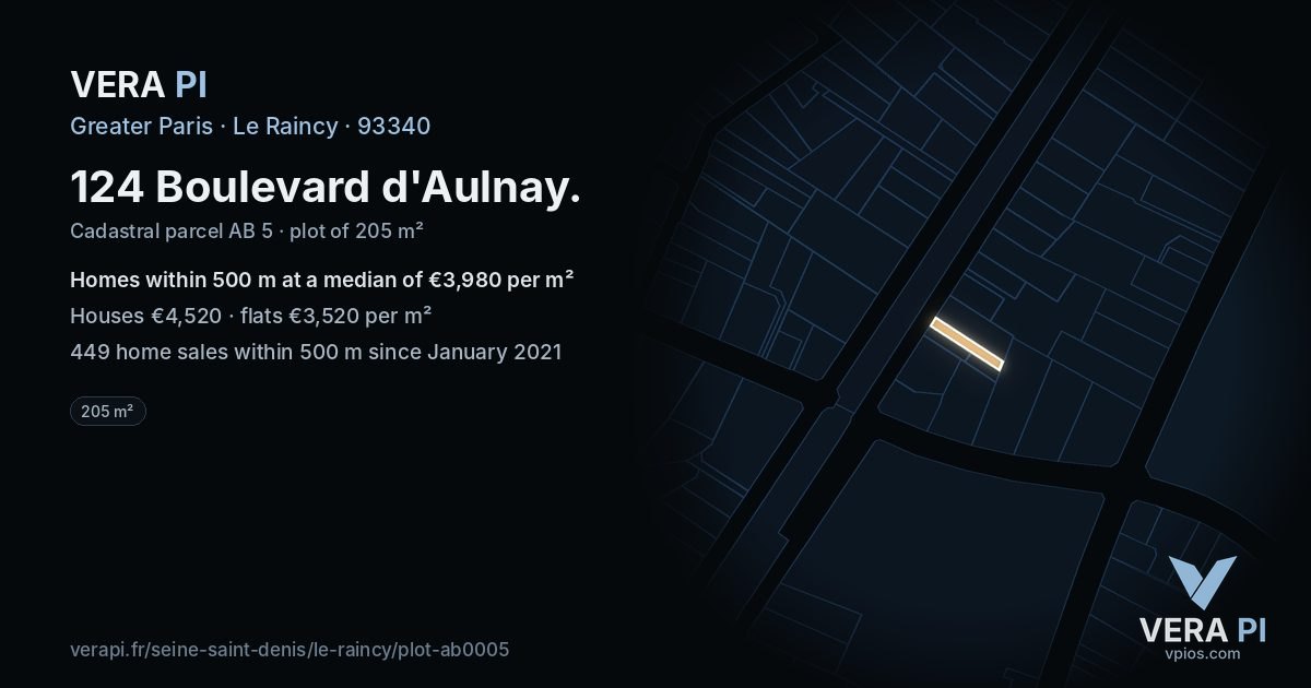 124 Boulevard d'Aulnay, Le Raincy at night – the plot lit, the parcels around coloured by the prices near them