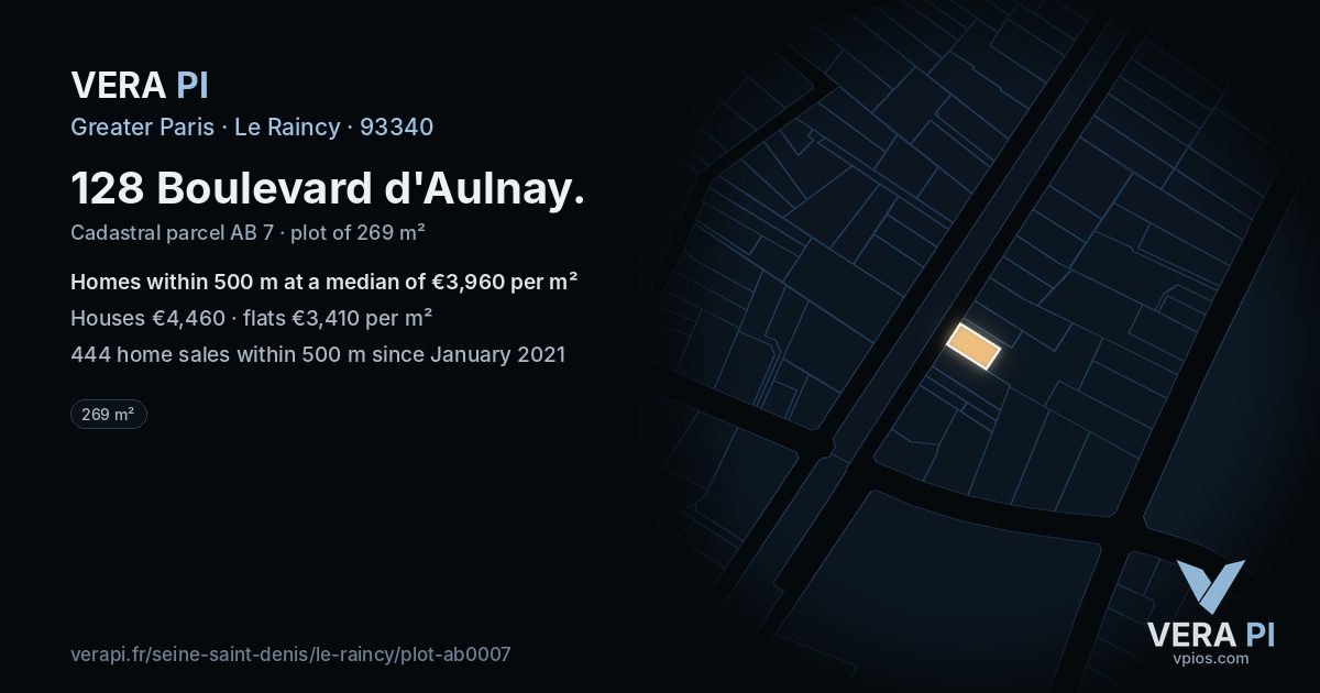 128 Boulevard d'Aulnay, Le Raincy at night – the plot lit, the parcels around coloured by the prices near them