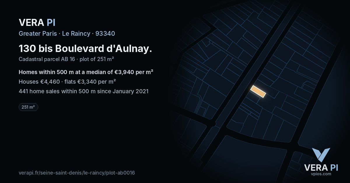 130 bis Boulevard d'Aulnay, Le Raincy at night – the plot lit, the parcels around coloured by the prices near them