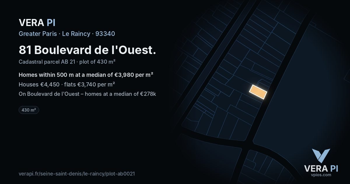 81 Boulevard de l'Ouest, Le Raincy at night – the plot lit, the parcels around coloured by the prices near them