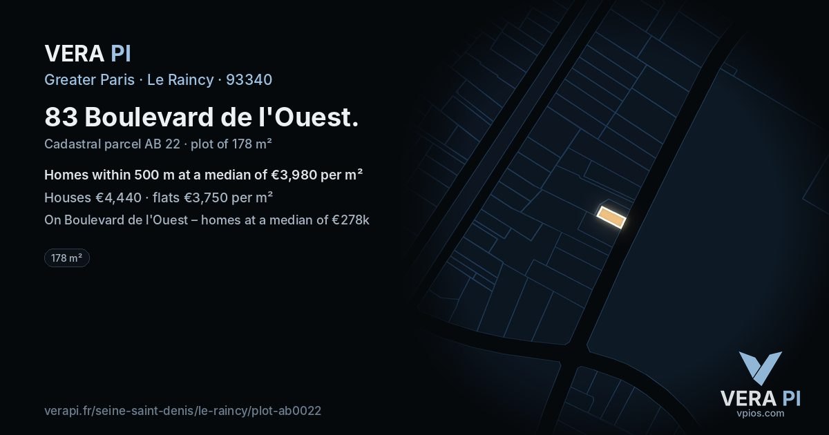 83 Boulevard de l'Ouest, Le Raincy at night – the plot lit, the parcels around coloured by the prices near them