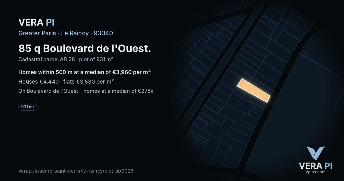 85 q Boulevard de l'Ouest, Le Raincy at night – the plot lit, the parcels around coloured by the prices near them