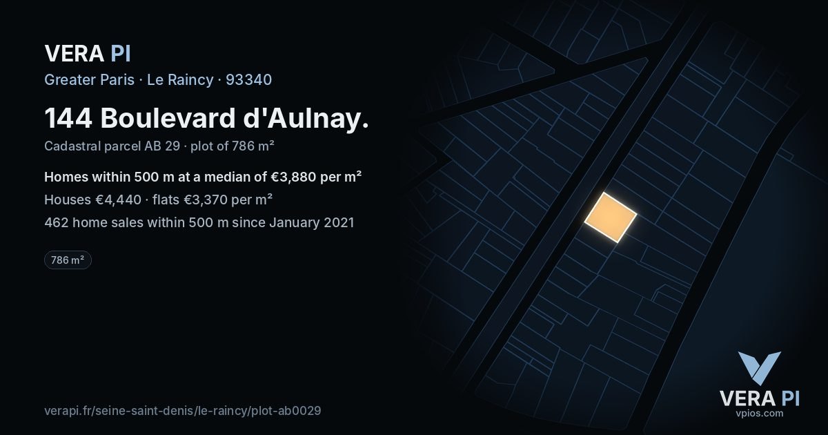 144 Boulevard d'Aulnay, Le Raincy at night – the plot lit, the parcels around coloured by the prices near them