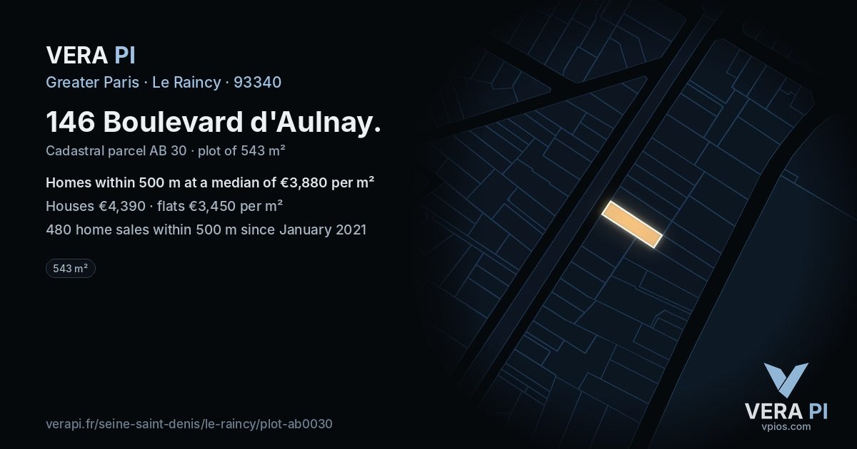 146 Boulevard d'Aulnay, Le Raincy at night – the plot lit, the parcels around coloured by the prices near them