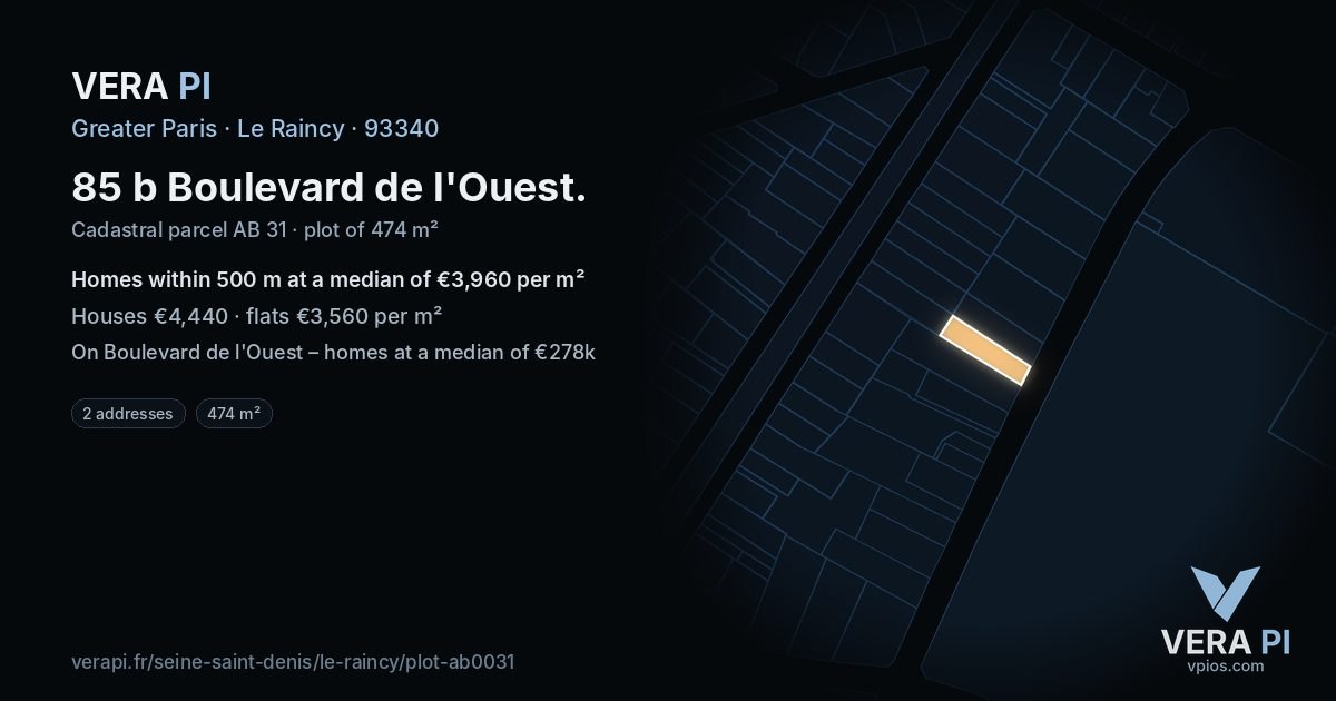 85 b Boulevard de l'Ouest, Le Raincy at night – the plot lit, the parcels around coloured by the prices near them