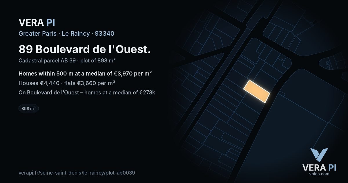 89 Boulevard de l'Ouest, Le Raincy at night – the plot lit, the parcels around coloured by the prices near them