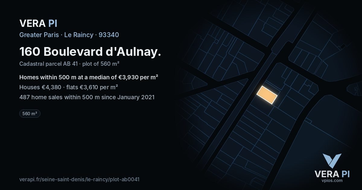 160 Boulevard d'Aulnay, Le Raincy at night – the plot lit, the parcels around coloured by the prices near them