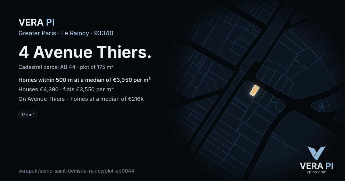 4 Avenue Thiers, Le Raincy at night – the plot lit, the parcels around coloured by the prices near them