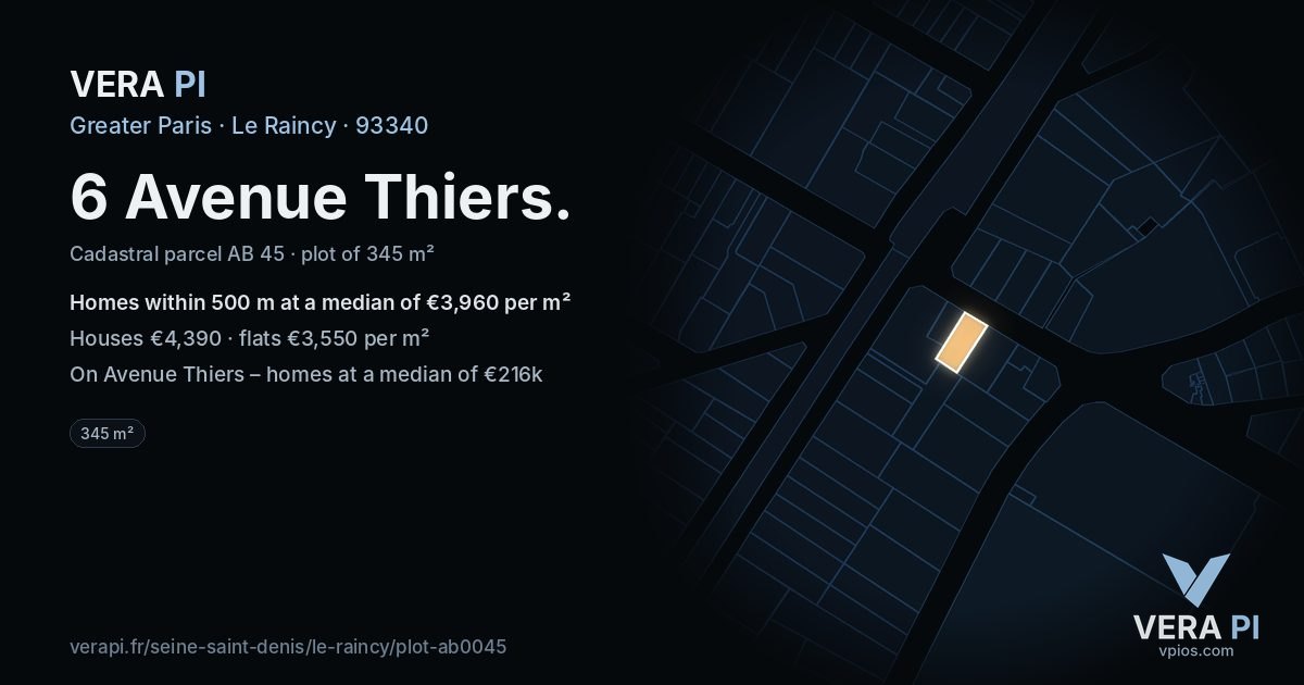 6 Avenue Thiers, Le Raincy at night – the plot lit, the parcels around coloured by the prices near them