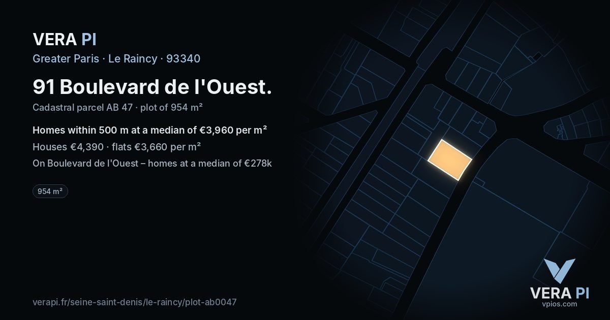 91 Boulevard de l'Ouest, Le Raincy at night – the plot lit, the parcels around coloured by the prices near them