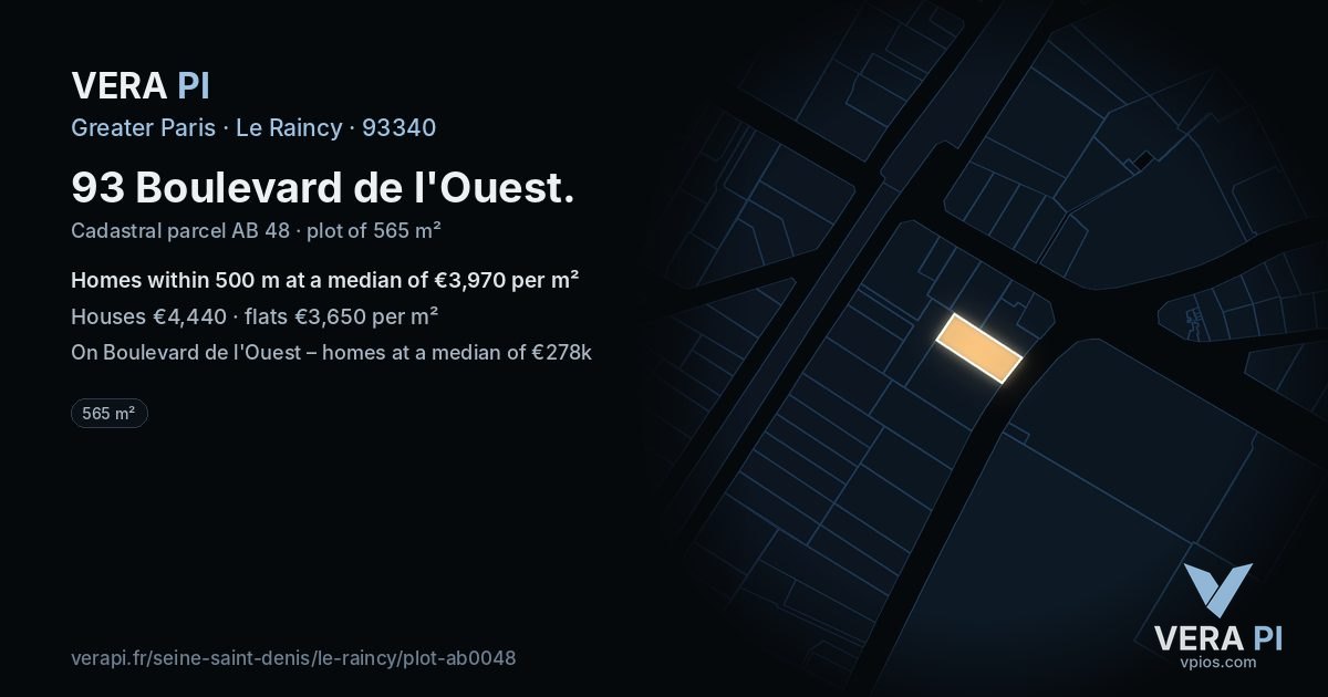 93 Boulevard de l'Ouest, Le Raincy at night – the plot lit, the parcels around coloured by the prices near them