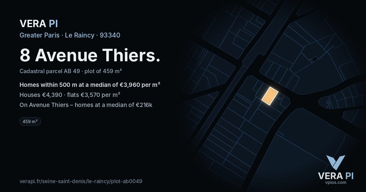 8 Avenue Thiers, Le Raincy at night – the plot lit, the parcels around coloured by the prices near them