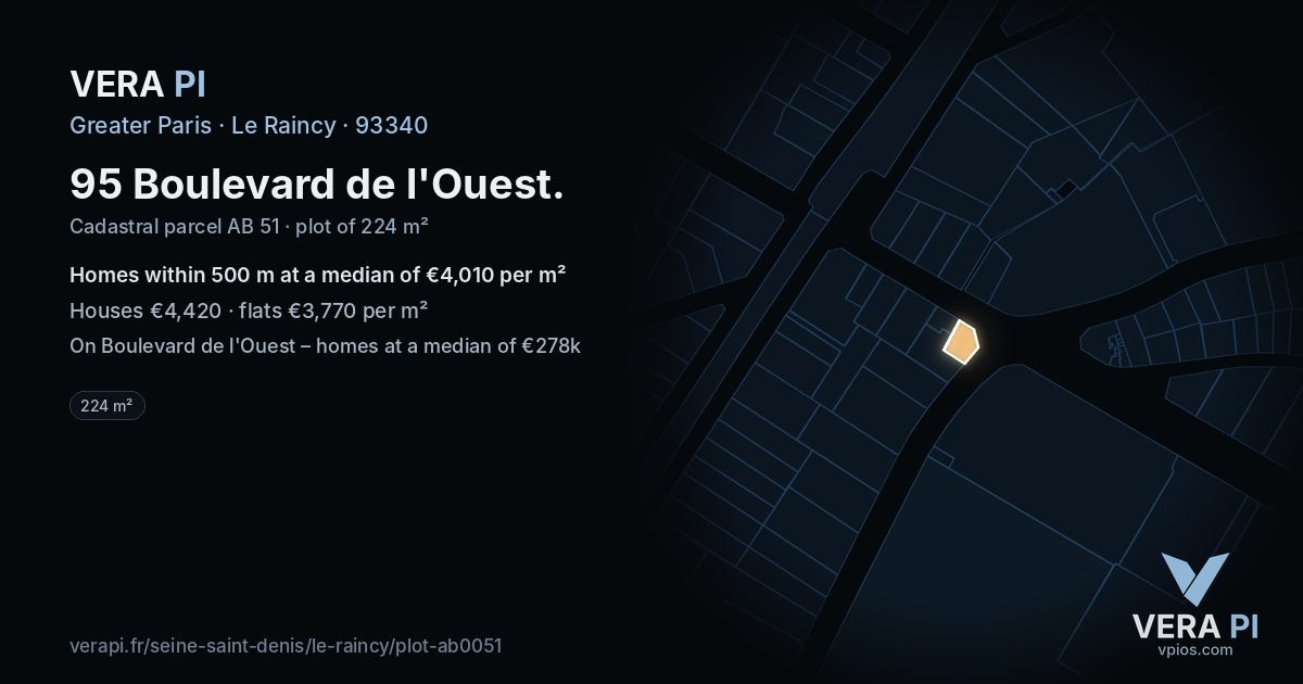 95 Boulevard de l'Ouest, Le Raincy at night – the plot lit, the parcels around coloured by the prices near them