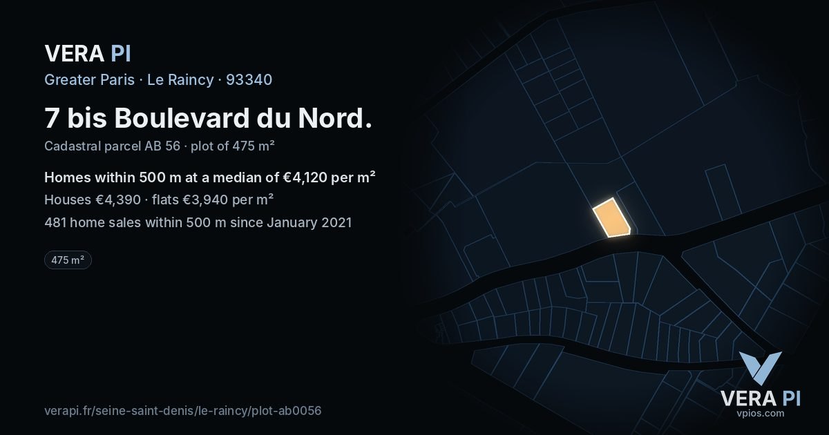 7 bis Boulevard du Nord, Le Raincy at night – the plot lit, the parcels around coloured by the prices near them