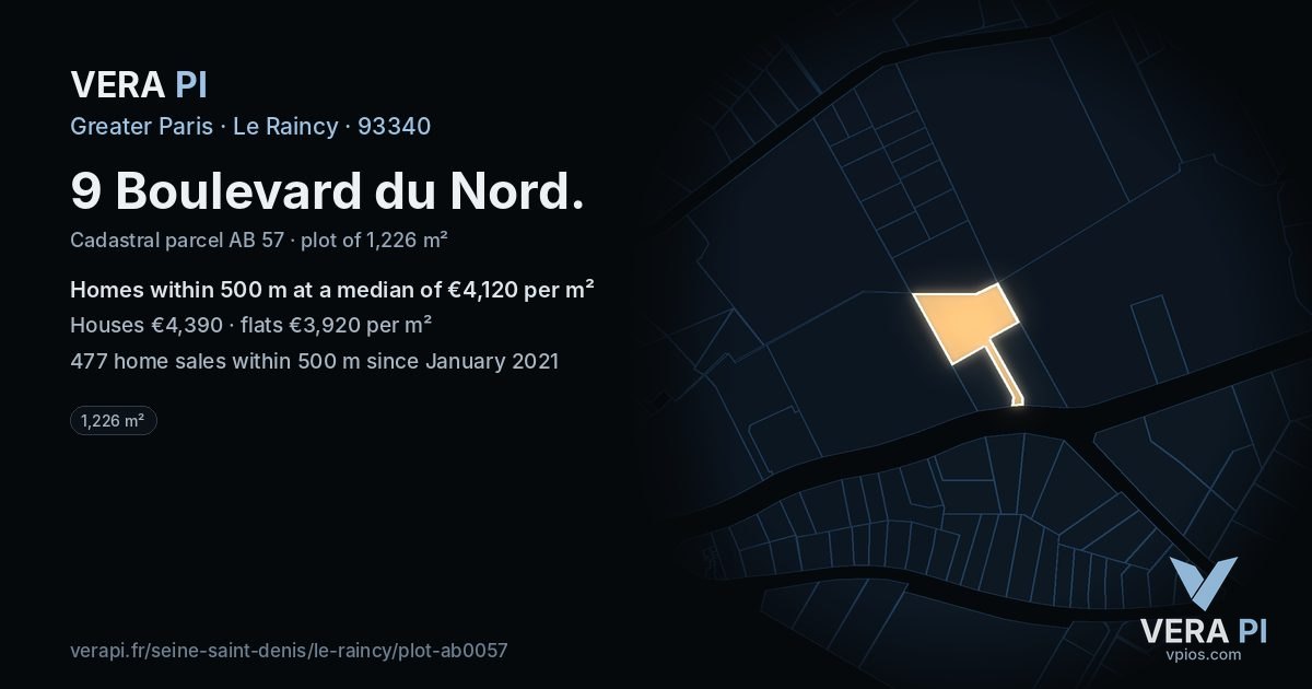 9 Boulevard du Nord, Le Raincy at night – the plot lit, the parcels around coloured by the prices near them