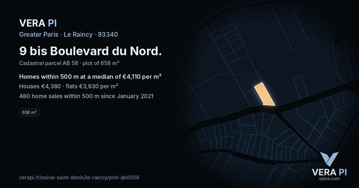 9 bis Boulevard du Nord, Le Raincy at night – the plot lit, the parcels around coloured by the prices near them
