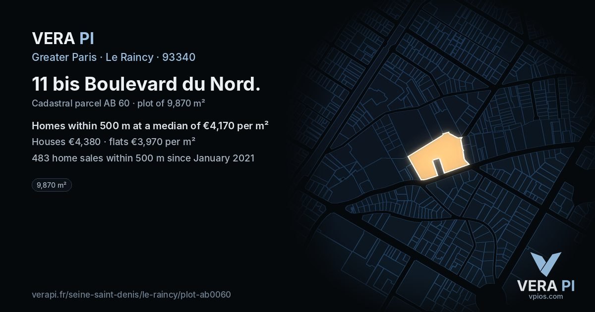 11 bis Boulevard du Nord, Le Raincy at night – the plot lit, the parcels around coloured by the prices near them