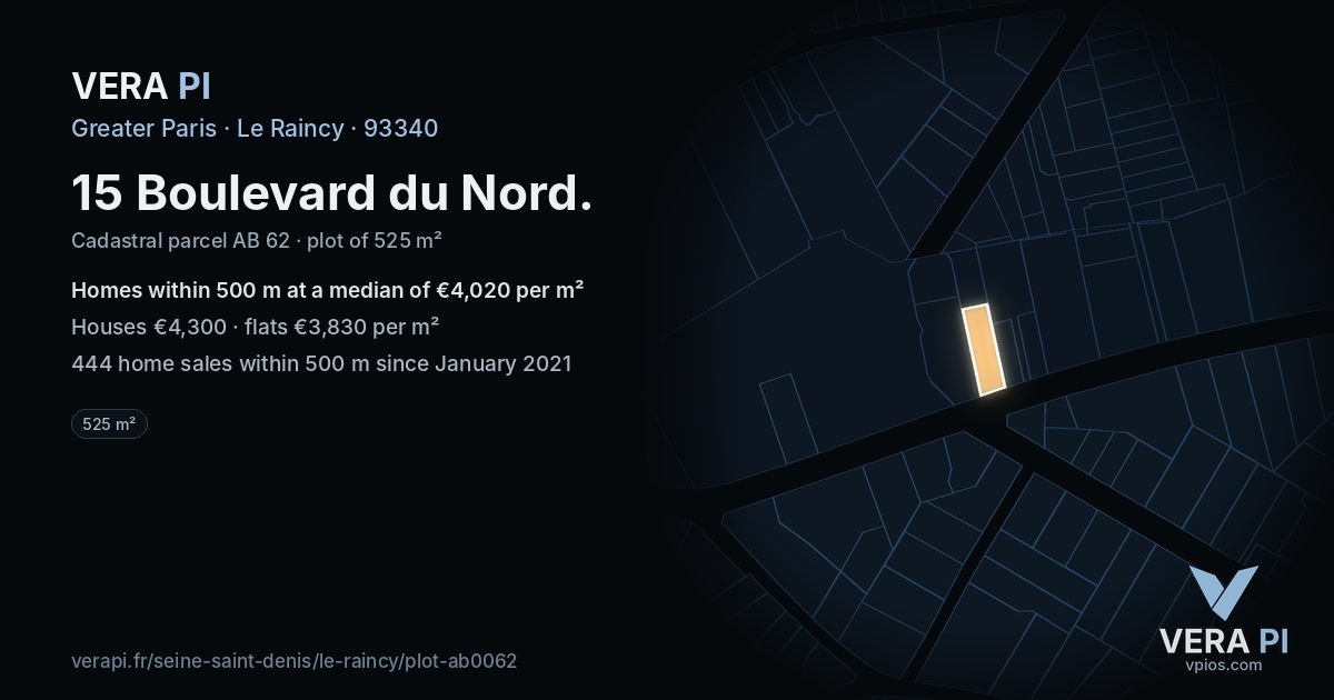 15 Boulevard du Nord, Le Raincy at night – the plot lit, the parcels around coloured by the prices near them