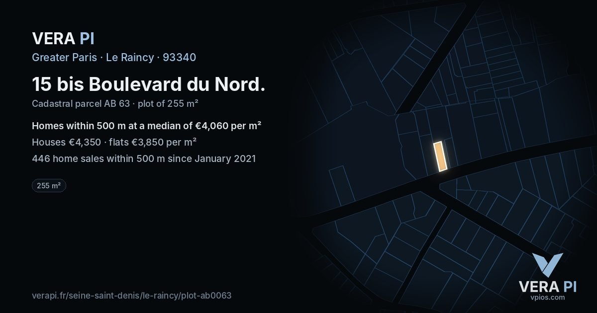 15 bis Boulevard du Nord, Le Raincy at night – the plot lit, the parcels around coloured by the prices near them
