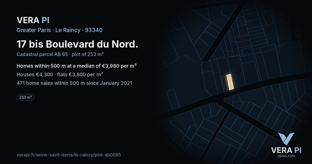 17 bis Boulevard du Nord, Le Raincy at night – the plot lit, the parcels around coloured by the prices near them