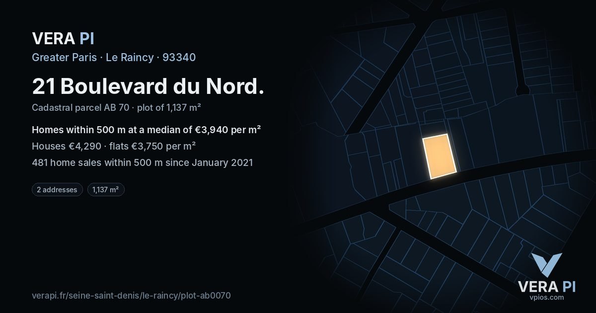 21 Boulevard du Nord, Le Raincy at night – the plot lit, the parcels around coloured by the prices near them