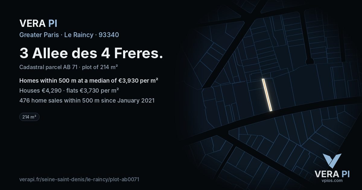 3 Allee des 4 Freres, Le Raincy at night – the plot lit, the parcels around coloured by the prices near them