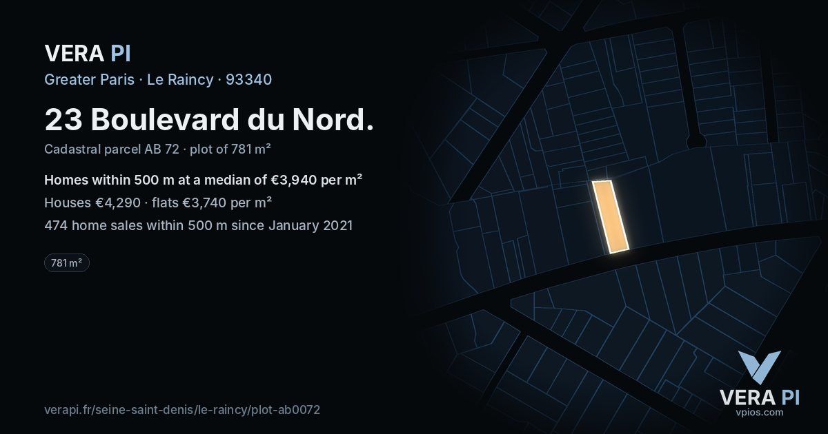 23 Boulevard du Nord, Le Raincy at night – the plot lit, the parcels around coloured by the prices near them