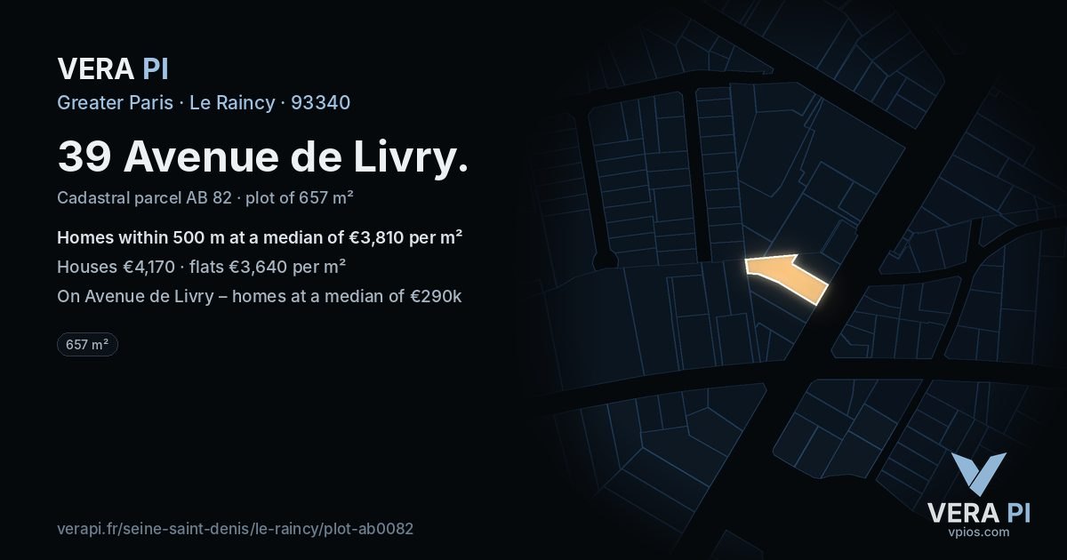 39 Avenue de Livry, Le Raincy at night – the plot lit, the parcels around coloured by the prices near them