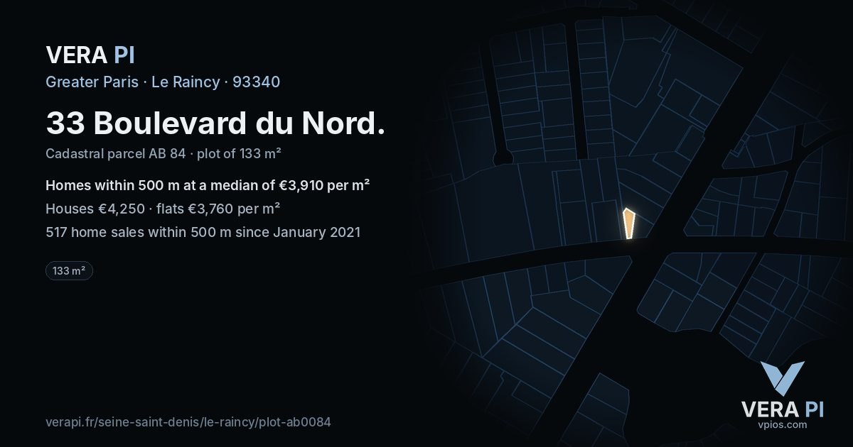 33 Boulevard du Nord, Le Raincy at night – the plot lit, the parcels around coloured by the prices near them