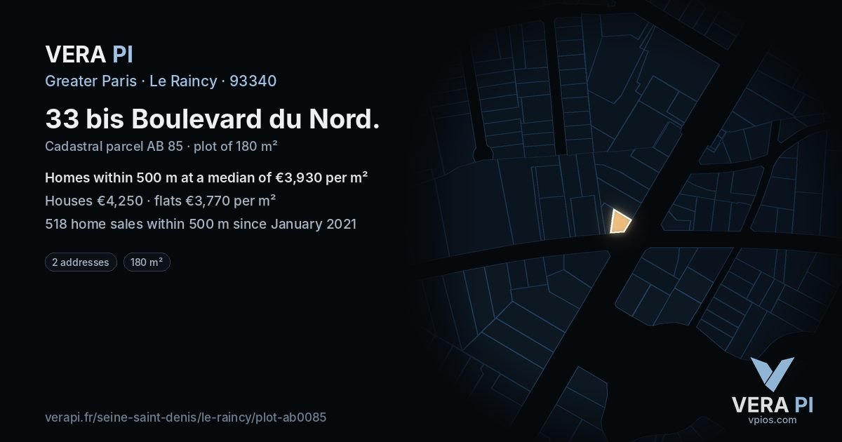 33 bis Boulevard du Nord, Le Raincy at night – the plot lit, the parcels around coloured by the prices near them