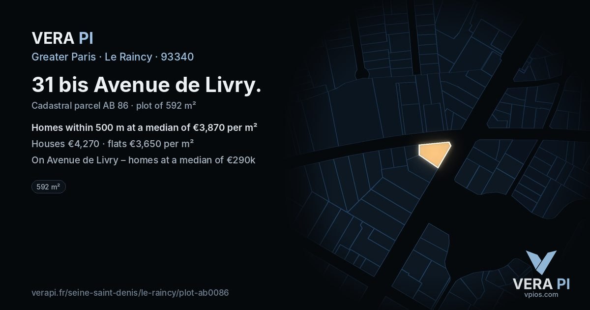 31 bis Avenue de Livry, Le Raincy at night – the plot lit, the parcels around coloured by the prices near them