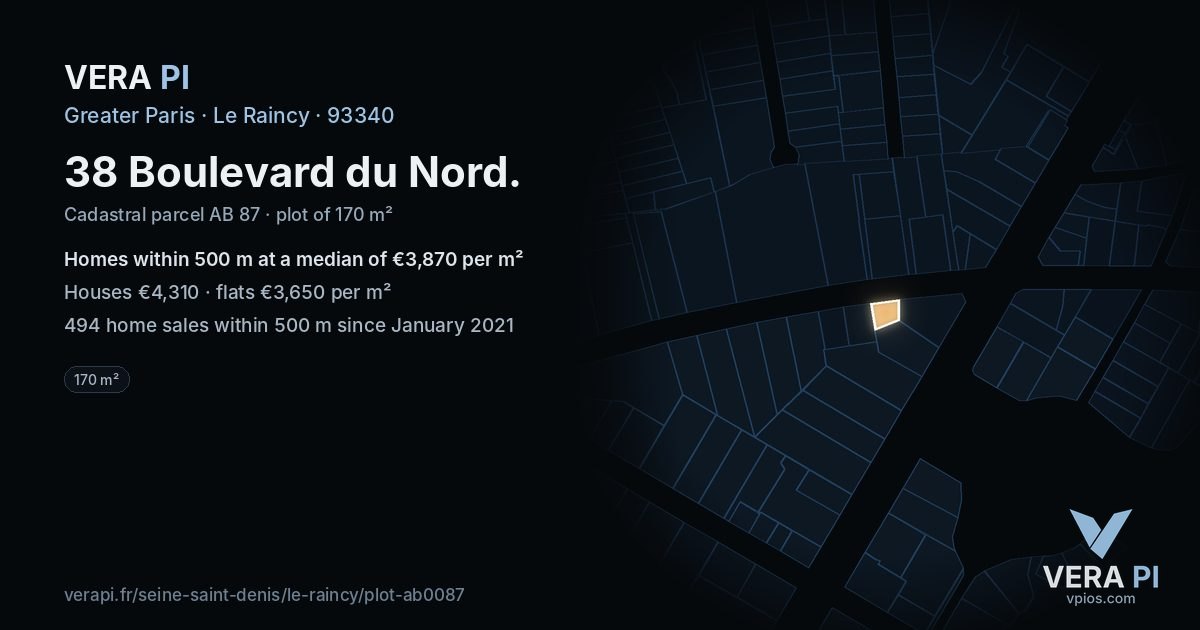 38 Boulevard du Nord, Le Raincy at night – the plot lit, the parcels around coloured by the prices near them
