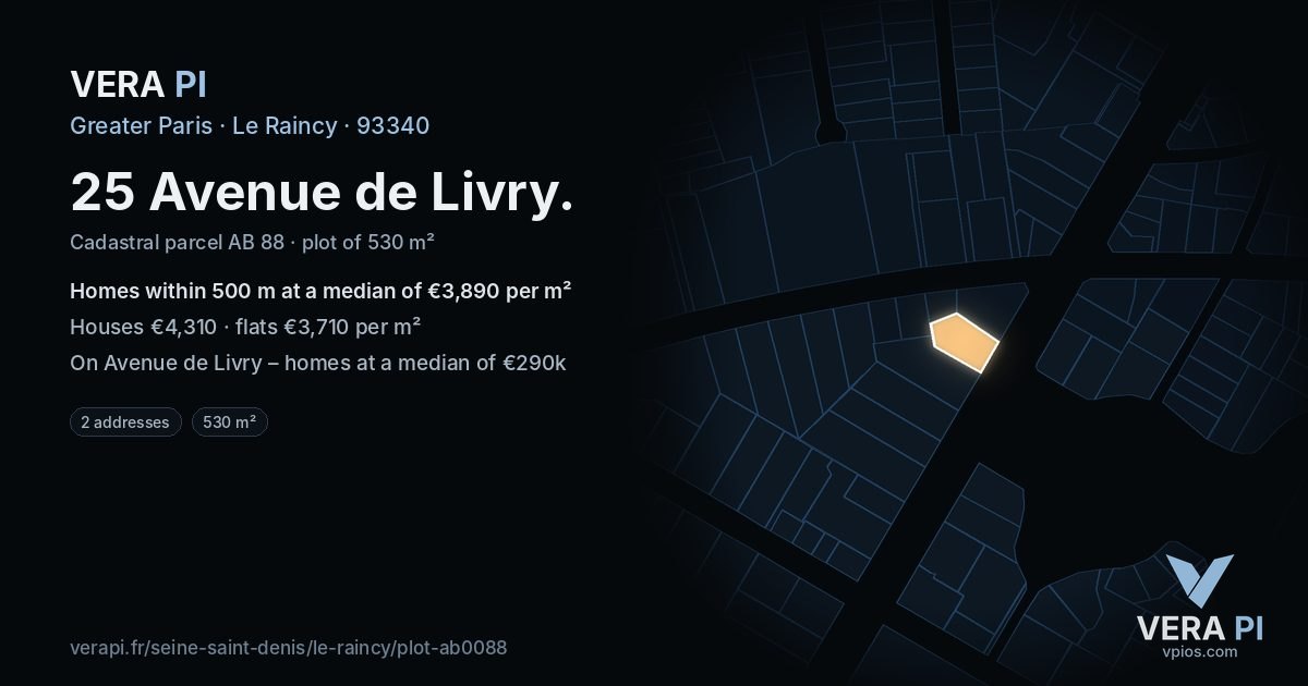 25 Avenue de Livry, Le Raincy at night – the plot lit, the parcels around coloured by the prices near them