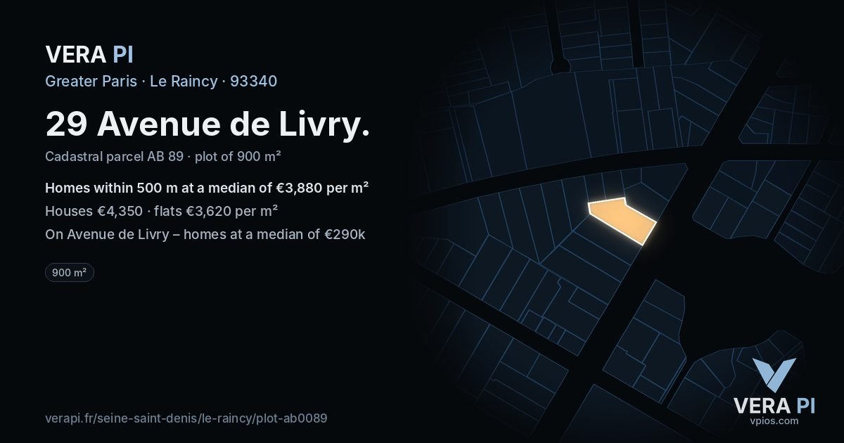 29 Avenue de Livry, Le Raincy at night – the plot lit, the parcels around coloured by the prices near them