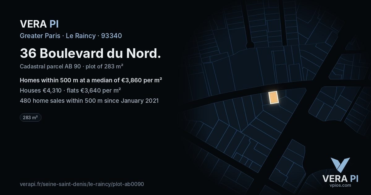 36 Boulevard du Nord, Le Raincy at night – the plot lit, the parcels around coloured by the prices near them