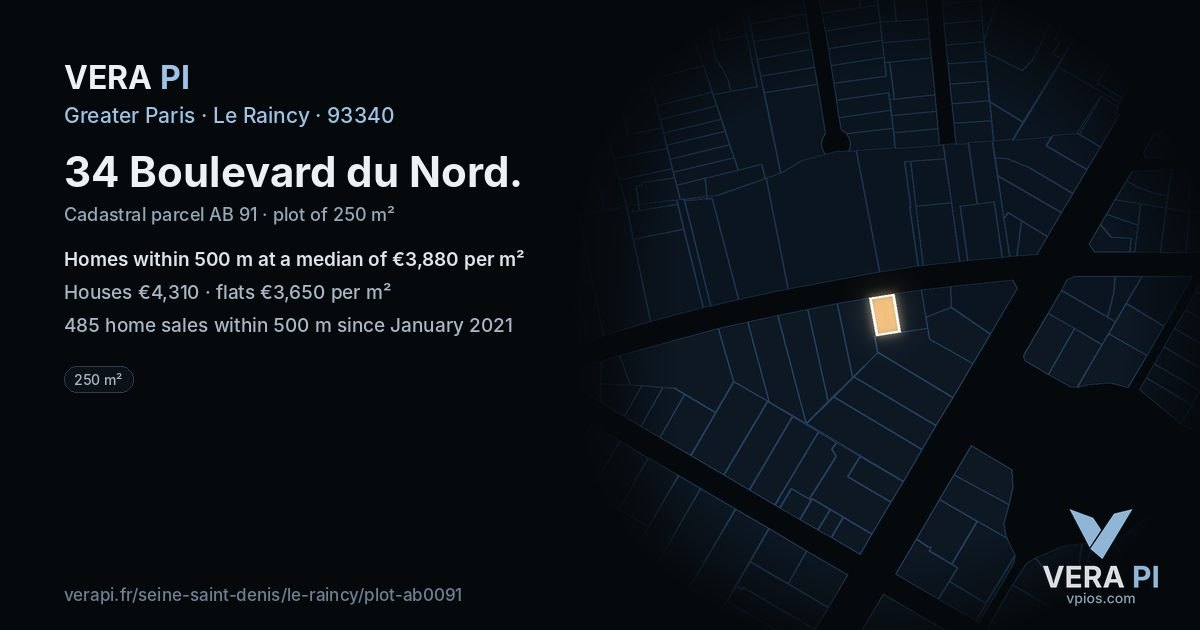34 Boulevard du Nord, Le Raincy at night – the plot lit, the parcels around coloured by the prices near them